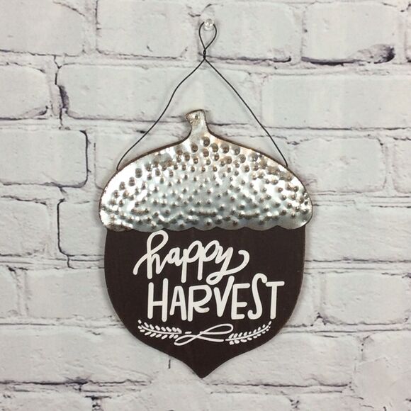 Wood & Metal Acorn Happy Harvest Fall Sign Door Wreath Decor 9" X 7" New - Picture 1 of 3